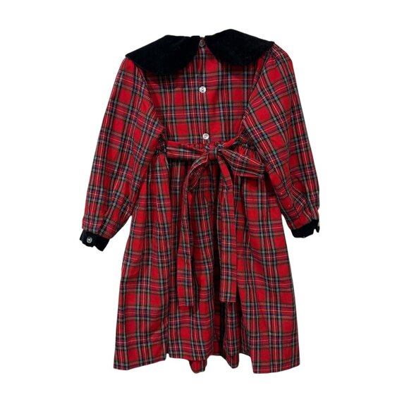 CC Bates Girls Red Plaid Smocked Dress With Black Velvet Collar size small - Picture 4 of 9